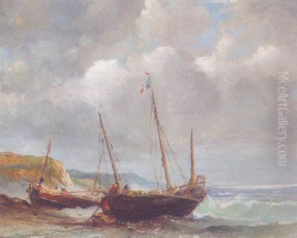 Fishing Boats Running Aground In A Rough Sea Oil Painting by Louis-Gabriel-Eugene Isabey