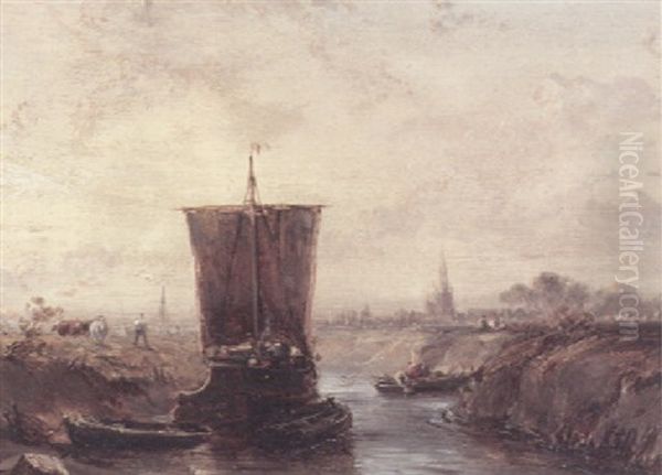 A River At Lowtide With A Boat Pulling Dinghies Upstream, Figures And Cattle On The Bank And A View Of A Town Beyond Oil Painting by Louis-Gabriel-Eugene Isabey