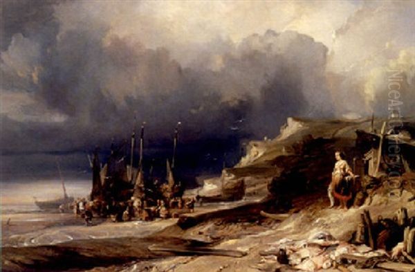 Beached Vessels On The Coast Of Normandy Oil Painting by Louis-Gabriel-Eugene Isabey