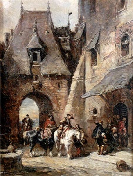 L'arrivee A L'auberge, Dans Une Vieille Ville Oil Painting by Louis-Gabriel-Eugene Isabey