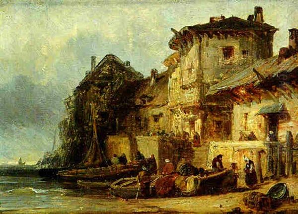 Port De Saint Valery - A Maree Basse Oil Painting by Louis-Gabriel-Eugene Isabey