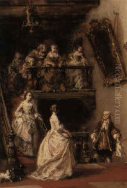 An 18th Century Interior With Elegant Figures On A Staircase Oil Painting by Louis-Gabriel-Eugene Isabey