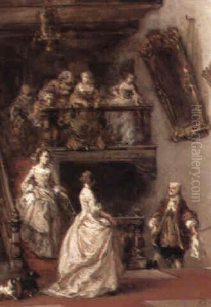 An Eighteenth Century Interior With Elegant Figures On A Staircase by Louis-Gabriel-Eugene Isabey