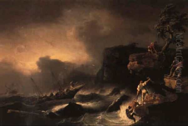 Skeppsbrutna Vid Klippig Kust Oil Painting by Louis-Gabriel-Eugene Isabey