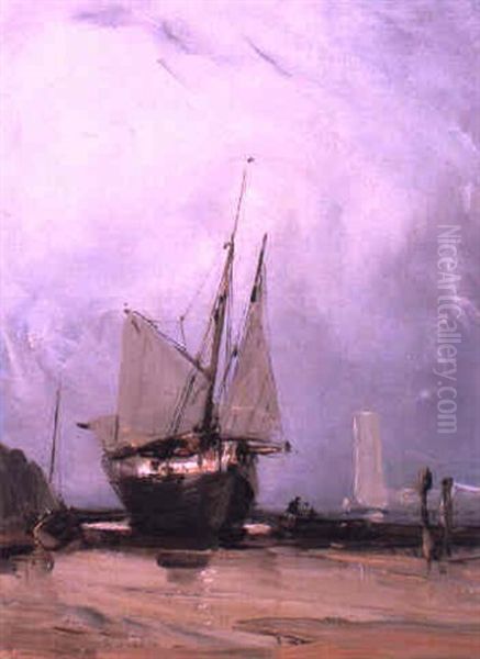 A Beached Sailing Vessel Oil Painting by Louis-Gabriel-Eugene Isabey