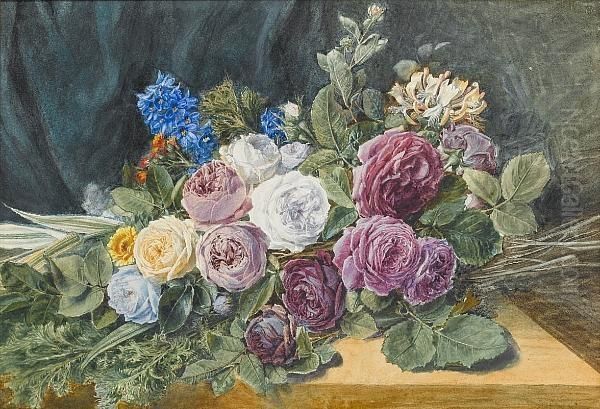 Still Life Of Roses And Other Flowers On A Table; Still Life Of Roses And Other Flowers In A Basket, A Pair Oil Painting by Valentine Bartholomew