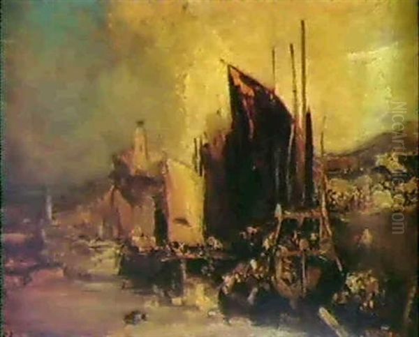 Un Port Oil Painting by Louis-Gabriel-Eugene Isabey