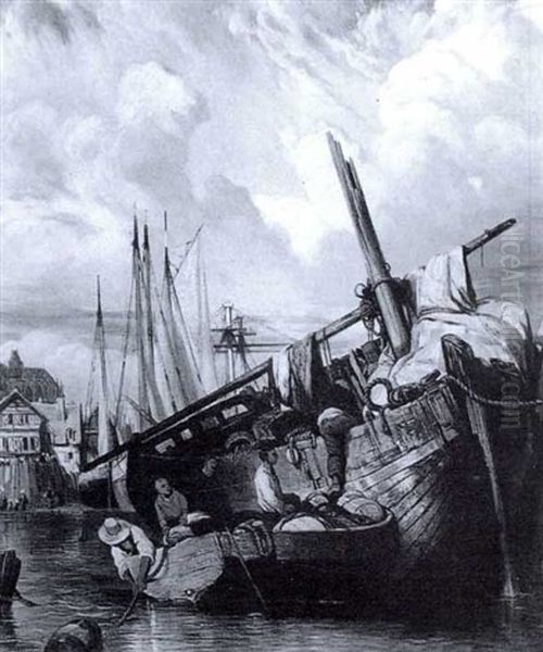 Franzosischer Seehafen Mit Machtiger Kathedrale Im          Hindergrund Oil Painting by Louis-Gabriel-Eugene Isabey