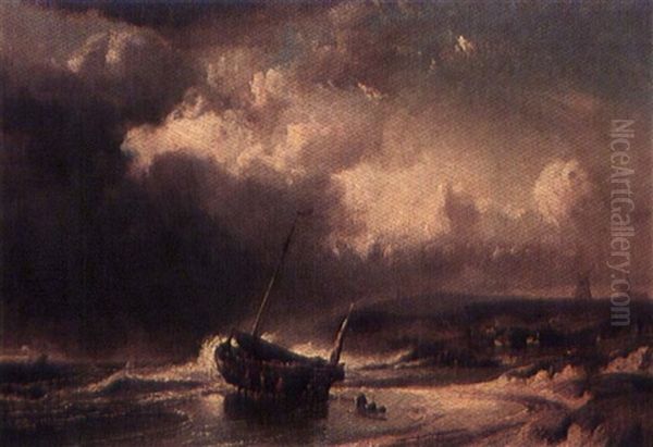 Launching A Fishing Boat Oil Painting by Louis-Gabriel-Eugene Isabey