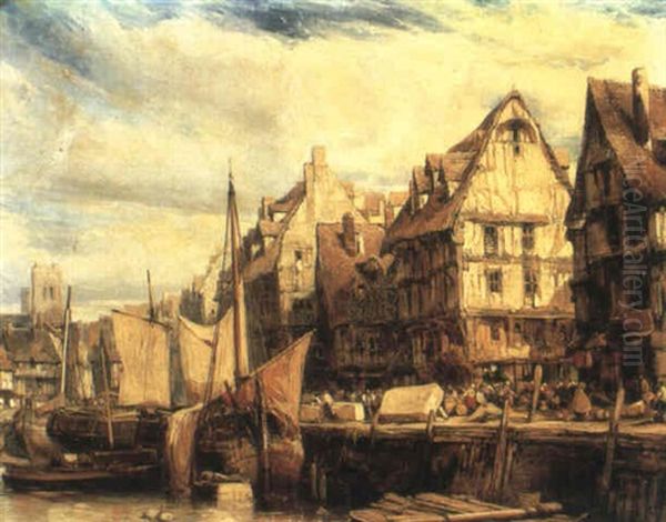 A Busy Harbour In Normandy Oil Painting by Louis-Gabriel-Eugene Isabey