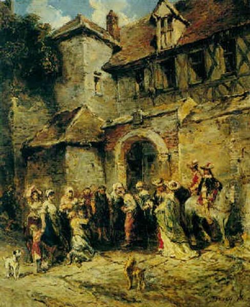 Figures Outside A Doorway Oil Painting by Louis-Gabriel-Eugene Isabey