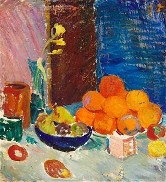 Nature Morte Med Paskeliljer, Appelsiner Og Aebler I Bla Skal (still Life With Daffodils, Oranges And Apples In Blue Bowl) Oil Painting by Karl Isakson