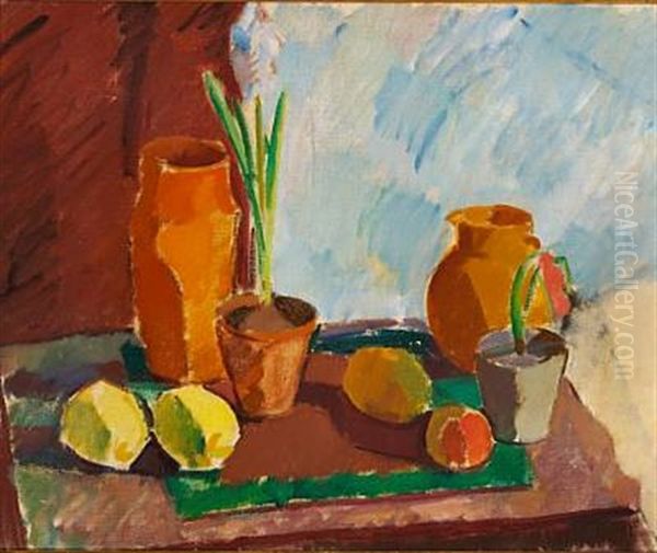 Nature Morte Med Hyacint, Vaser Og Frugter Oil Painting by Karl Isakson