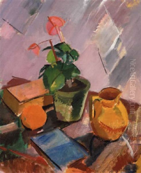 Blomsteropstilling Med Appelsin, Kande Og Boger Oil Painting by Karl Isakson