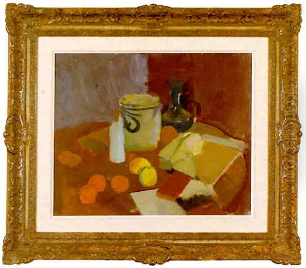 Nature Morte Med Gra Kruka, Frukter, Bocker Och Bla Vas Oil Painting by Karl Isakson