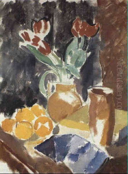 Nature Morte Med Tulipaner Og Appelsiner Pa Bord Oil Painting by Karl Isakson