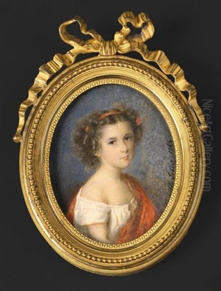 Portrait De Jeune Fille En Buste Presque De Face, Portant Une Robe De Voile Blanc Et Une Echarpe Rouge, Comme Le Ruban Retenant Ses Cheveux Boucles Oil Painting by Camille Cornelie Isbert