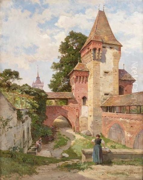 Les Lavandieres, Chateau De Chenaux, Environ De Neuchatel, Suisse Oil Painting by Emile Isembart