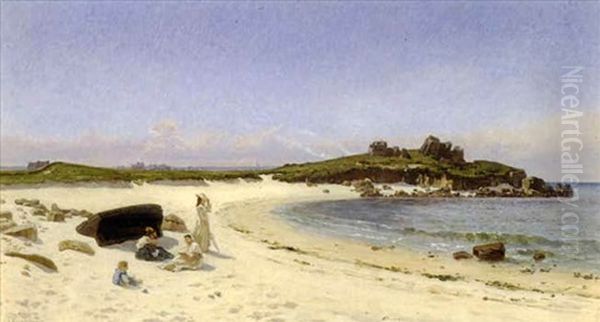 La Famille De L'artiste Sur La Plage, Bretagne Oil Painting by Emile Isembart