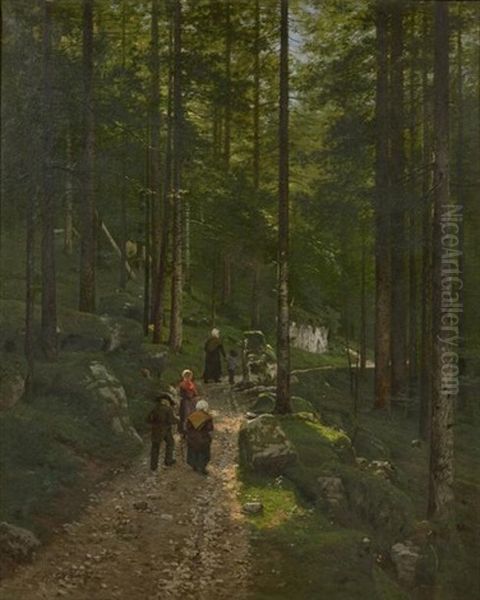 Personnages Sur Un Chemin En Foret Oil Painting by Marie-Victor-Emile Isenbart