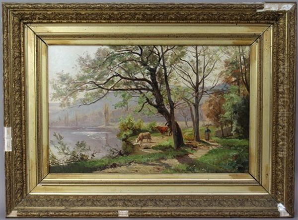 Vaches Pres De La Riviere Oil Painting by Marie-Victor-Emile Isenbart