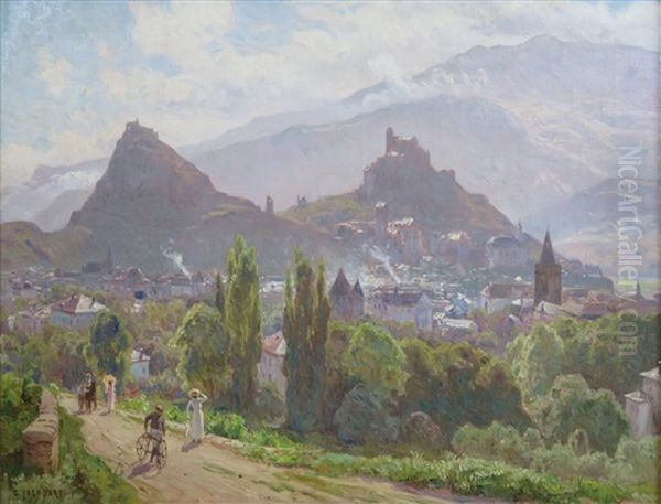 Sion Depuis Le Coteau De Gravelone Oil Painting by Marie-Victor-Emile Isenbart