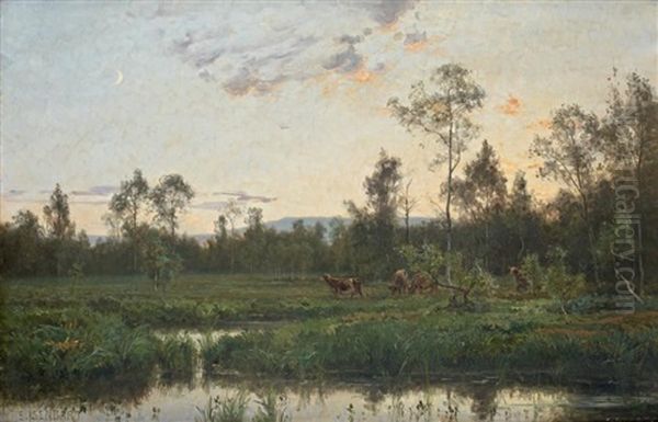 Vaches A L'abreuvoir, Crepuscule by Marie-Victor-Emile Isenbart