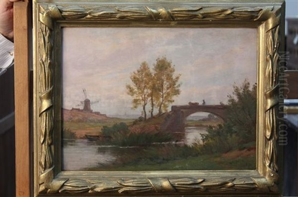 Paysage Au Moulin Anime D'un Paysan Et D'une Vache Sur Un Pont Oil Painting by Marie-Victor-Emile Isenbart