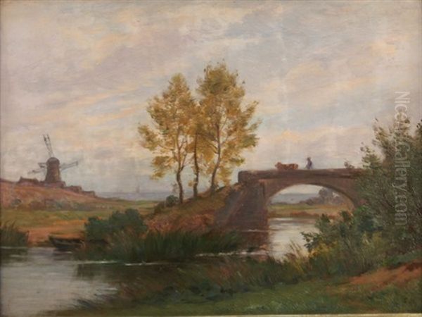 Paysage Au Moulin Anime D'un Paysan Et D'une Vache Sur Un Pont Oil Painting by Marie-Victor-Emile Isenbart