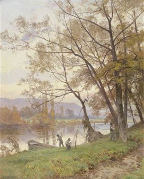 Pecheurs Dans Un Paysage Du Doubs Oil Painting by Marie-Victor-Emile Isenbart