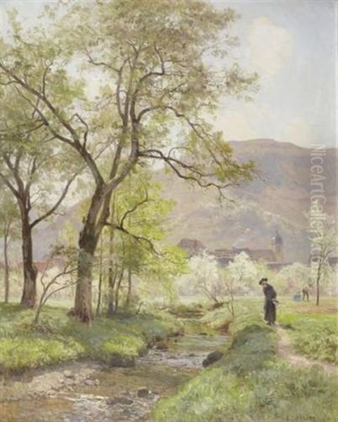 Paysage Du Doubs Avec Paysans Et Cure En Bord De Riviere Oil Painting by Marie-Victor-Emile Isenbart