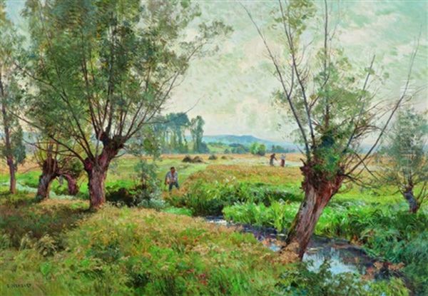 Paysage Au Ruisseau Anime De Paysans Oil Painting by Marie-Victor-Emile Isenbart