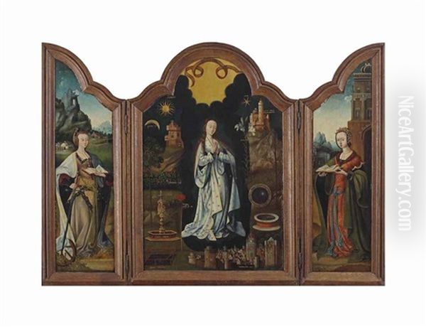 Triptych Of The Litany Of The Blessed Virgin, With Saint Catherine Of Alexandria And Saint Barbara Oil Painting by Adriaen Isenbrant