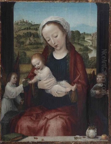 The Virgin And Child Enthroned, Attended By Angels, Before An Open Window With A Hilly River Landscape Beyond Oil Painting by Adriaen Isenbrant