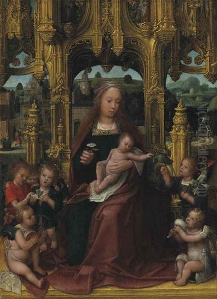 The Virgin And Child Enthroned, With Musical Angels, A Landscape Beyond Oil Painting by Adriaen Isenbrant