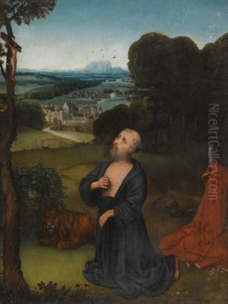 The Penitent St. Jerome Kneeling Before A Portable Crucifix, An Extensive Landscape Beyond Oil Painting by Adriaen Isenbrant