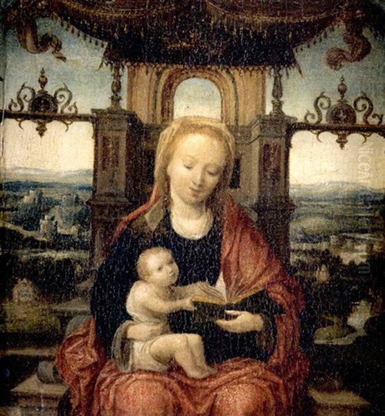 The Virgin And Child Enthroned With An Extensive River Landscape Beyond Oil Painting by Adriaen Isenbrant