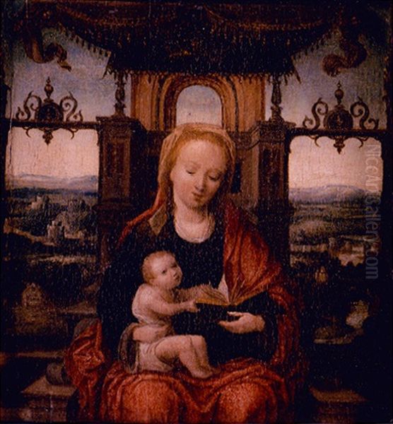 The Virgin And Child Enthroned, With An Extensive River Landscape Beyond Oil Painting by Adriaen Isenbrant