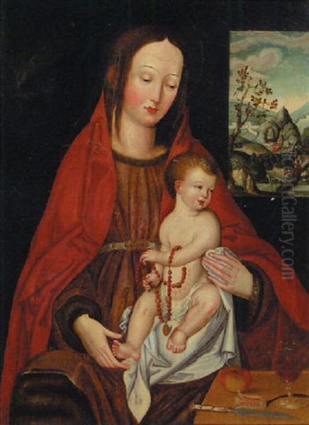 The Madonna And Child, A Landscape Seen Through A Window Beyond Oil Painting by Adriaen Isenbrant