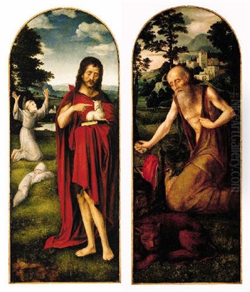 Saint John The Baptist In A Landscape, Saint Francis Of Assisi Beyond Oil Painting by Adriaen Isenbrant