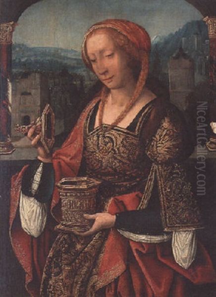 Saint Mary Magdalen On A Balcony, A Town Beyond Oil Painting by Adriaen Isenbrant