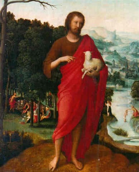 Saint John The Baptist, With The Preaching Of Saint John And The Baptism Of Christ Beyond Oil Painting by Adriaen Isenbrant