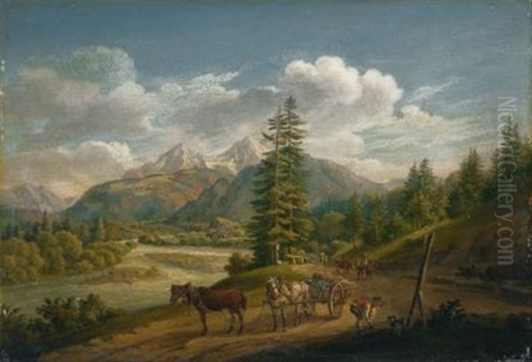 Pferdegespann Im Berchtesgadener Land Oil Painting by Johann Baptist Isenring