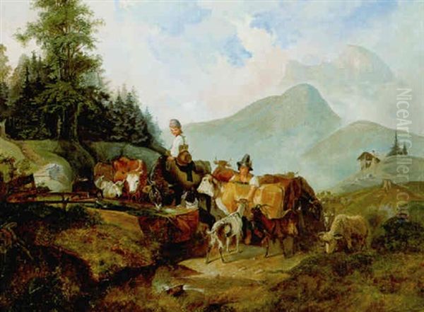 Viehherde Mit Zwei Sennerinnen Auf Der Alm Oil Painting by Johann Baptist Isenring