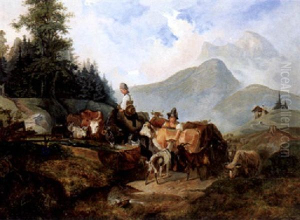 Viehherde Mit Zwei Sennerinnen Auf Der Alm Oil Painting by Johann Baptist Isenring