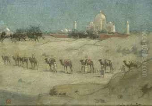 A Camel Train Before The Moonlit Taj Mahal Oil Painting by Charles William Bartlett