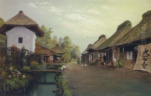 A Japanese Village Oil Painting by S. Ishida