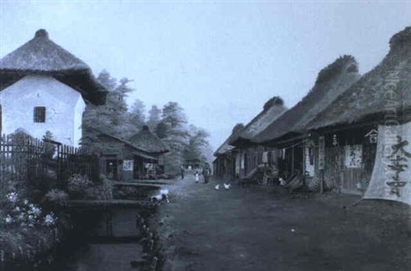 Village Street Oil Painting by S. Ishida