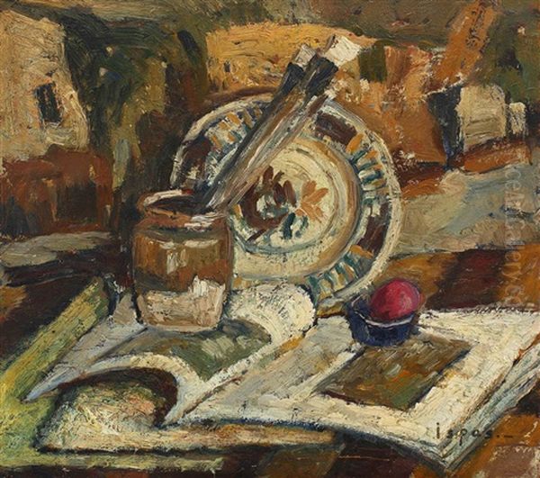 Still Life With Books And Brushes Oil Painting by Ioan Th. Ispas