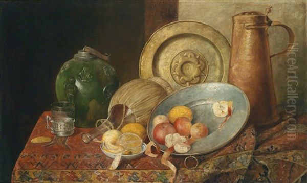 Obststillleben Mit Korbflasche Und Orientalischem Tafelgeschirr Oil Painting by Daniel Israel